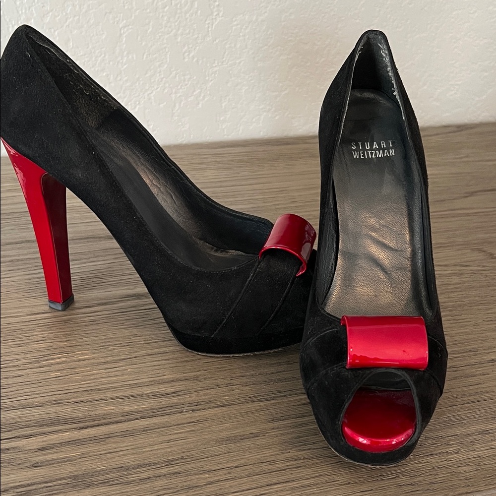 Stuart Weitzman Black and Red Peep Toe Pumps